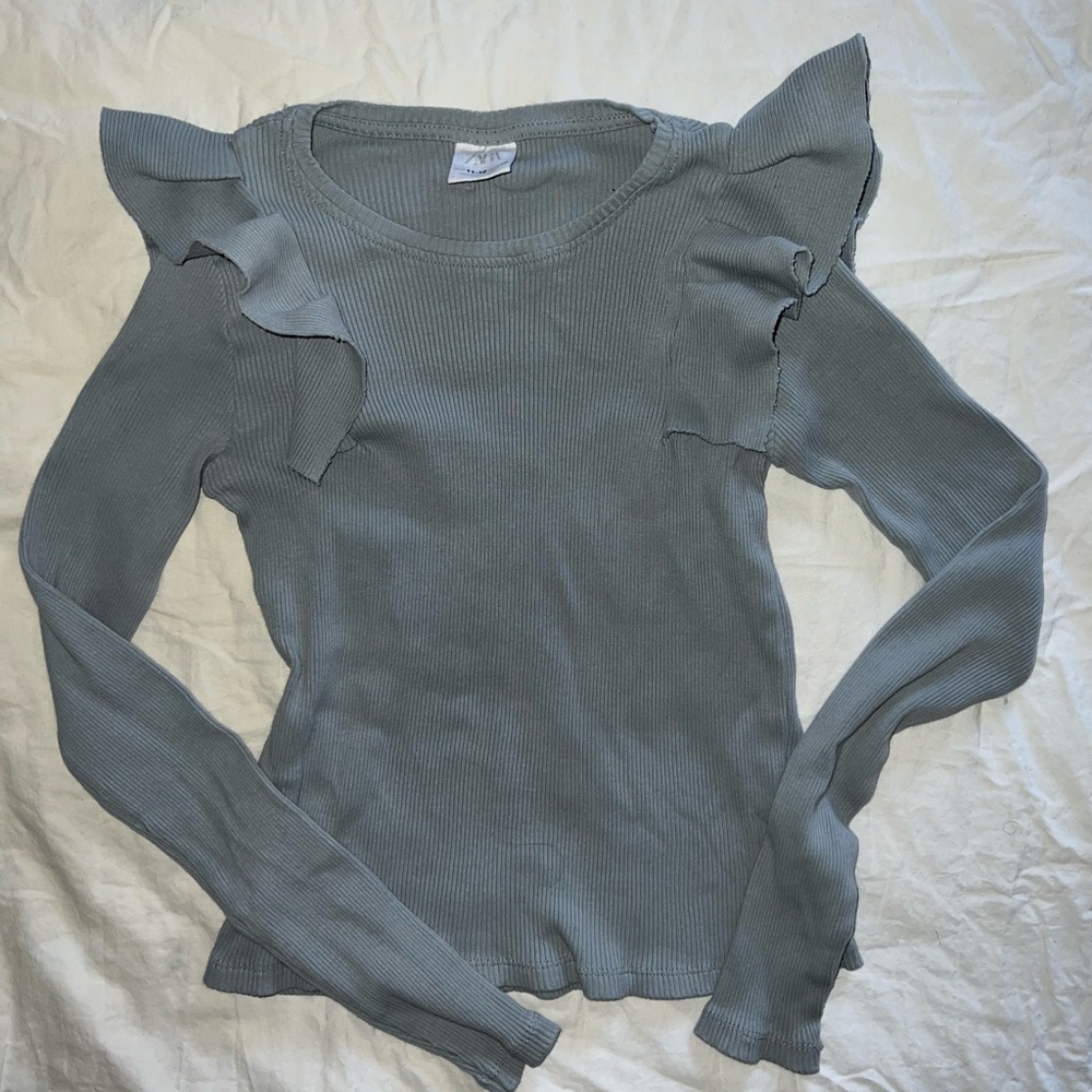 Zara Ruffle Shoulder Ribbed Top - Sage Green